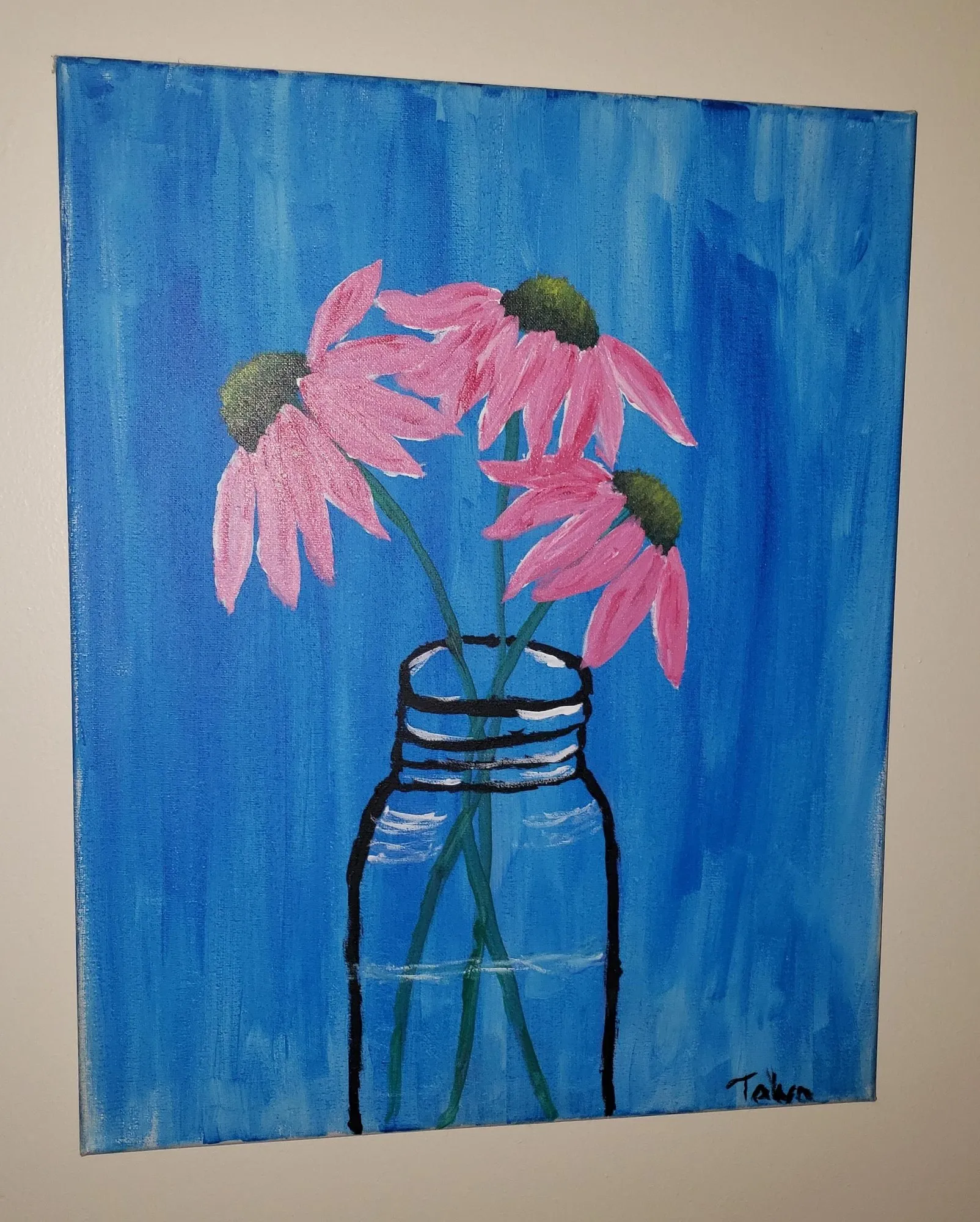 Painting of pink coneflowers in a jar